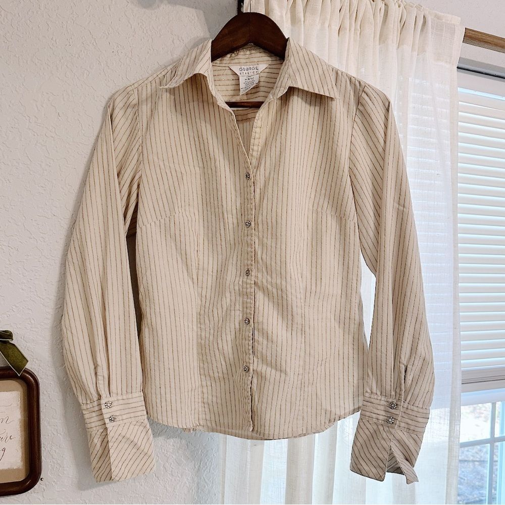 Y2K Cream & Silver Pin Strip Button Up Blouse